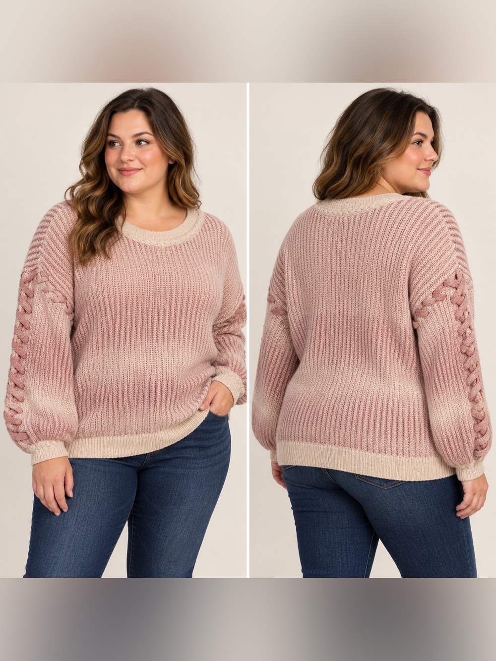 Democracy Blush & Cream Lace-Up Sleeve Sweater – Size 1X